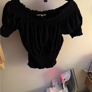 Black Puff Sleeve Smocked Blouse
